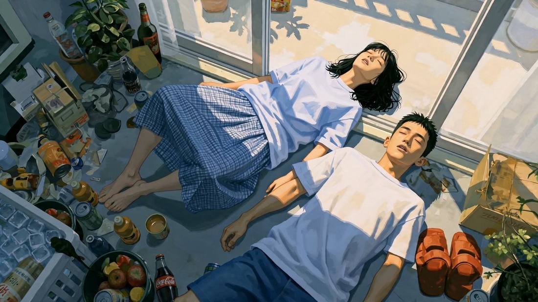 Overhead view of the couple lying side by side on the floor among bottles, fruit and sandals.