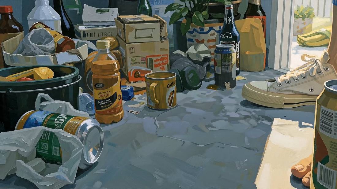 Floor-level still life of cans, bottles, boxes, a sneaker, and a plant in hard light.