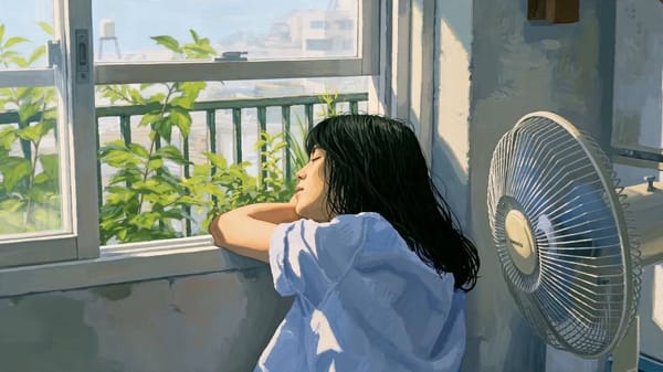 A young woman rests her head on her arms at a bright window beside an electric fan.